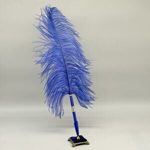 Jamie Lynn Genuine Ostrich Royal Blue Feather Plume Pen With Base USA Vintage